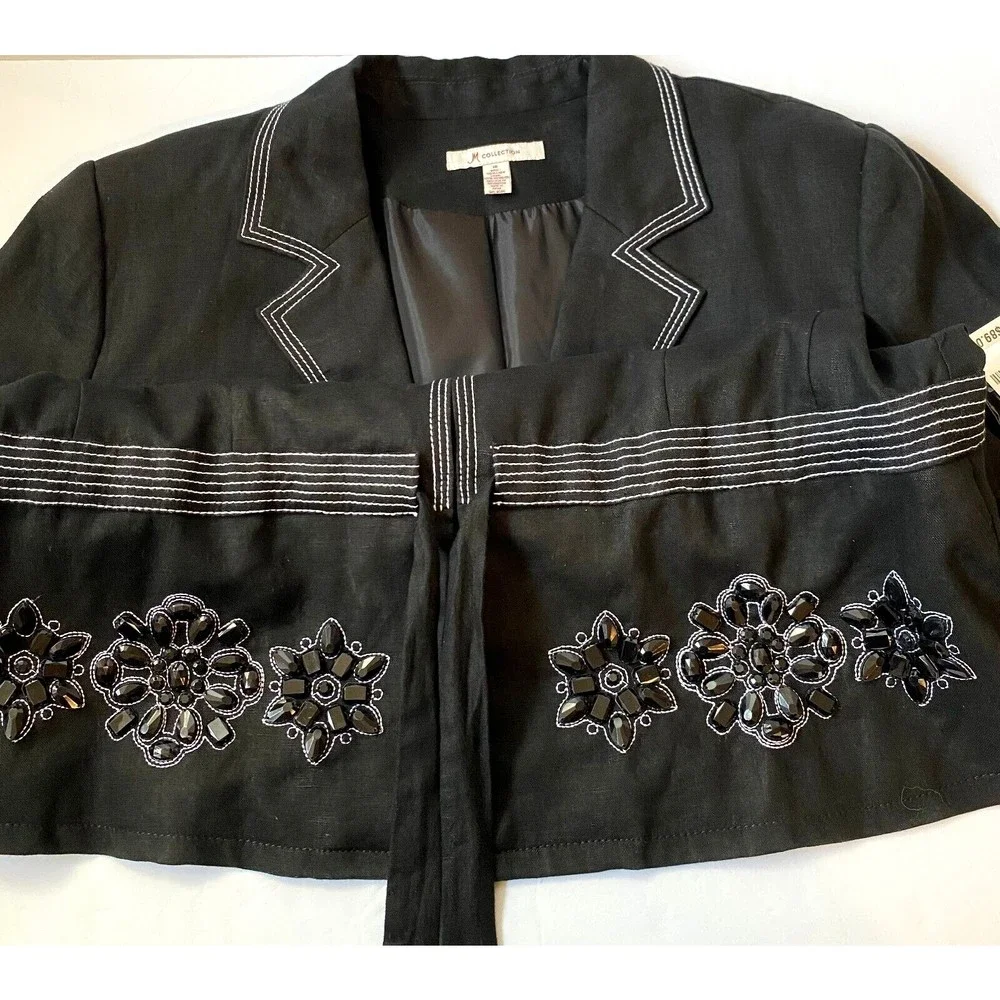 NWT JM Collection Womens Iris Garden Embellished Linen Blazer Jacket Black Sz 16 - Picture 14 of 14